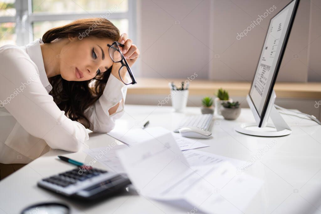 Stressed Tired Business Accountant Woman. Lazy Sad Worker