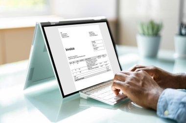 Genç işadamı dizüstü bilgisayar ekranında gösterilen fatura kullanma