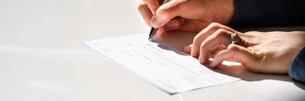 Insurance Paycheck Payroll Check Hand Writing Cheque — Stock Photo, Image