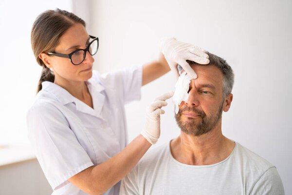 Eye First Aid Care By Doctor. Medicine Plaster. Pain And Injury