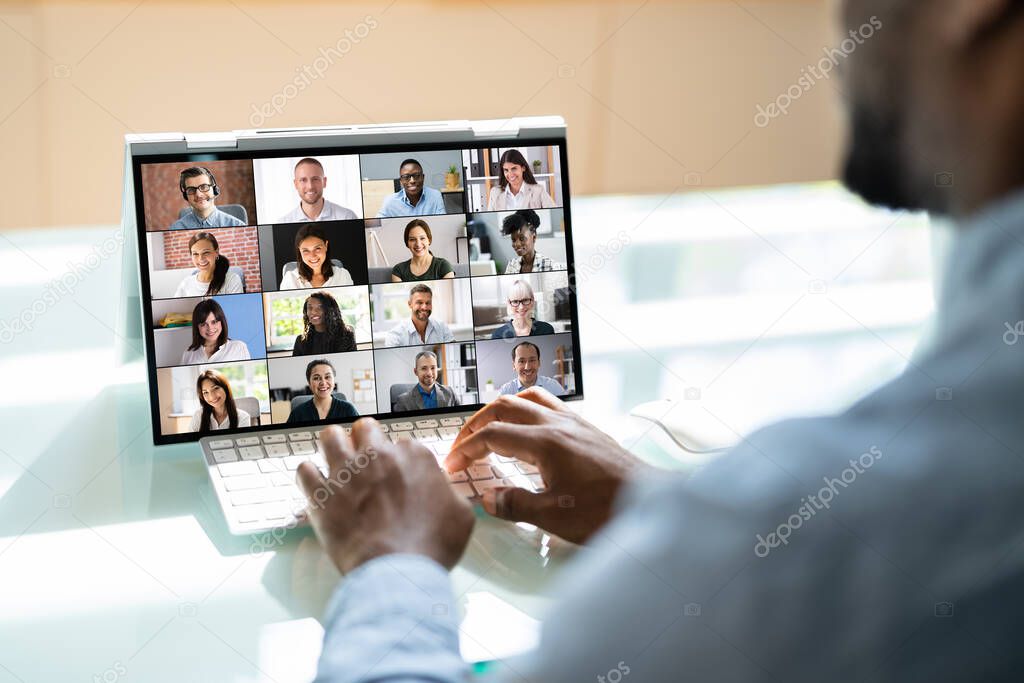 Virtual Video Conference Meeting Chat On Hybrid Laptop