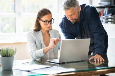 Bilgisayarda eğitim gören iş adamları. Ofisteki Genç Kadın