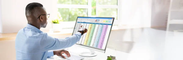 Analyst Mitarbeiter Arbeitet Mit Tabellenkalkulation Computer — Stockfoto