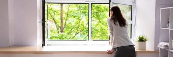 Side View Woman Looking Window Home — Stock Photo, Image