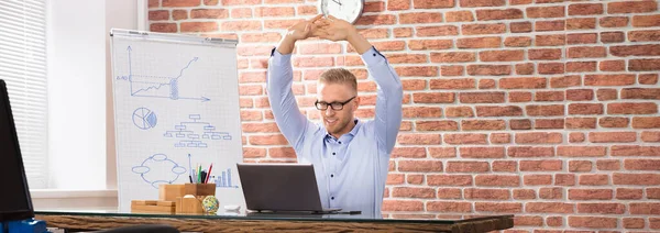 Close Happy Businessman Relaxing Fitness Ball Office — Stock Photo, Image