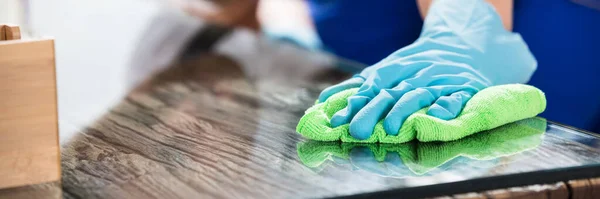 Close Young Male Janitor Cleaning Desk Green Cloth — Stock Photo, Image