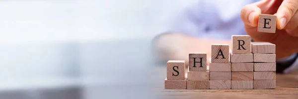 Man Hand Placing Last Alphabet Word Share Wooden Block — Stock Photo, Image