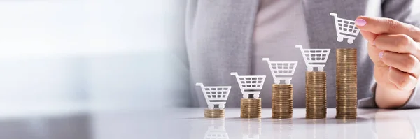 Zakenvrouw Van Hand Plaatsen Van Witte Winkelwagentje Top Van Gouden — Stockfoto