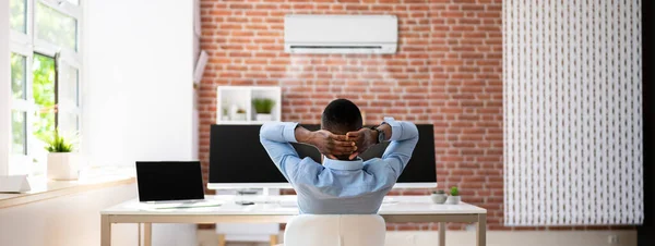 Happy Businessman Relaxing Office Air Conditioning — Stock Photo, Image