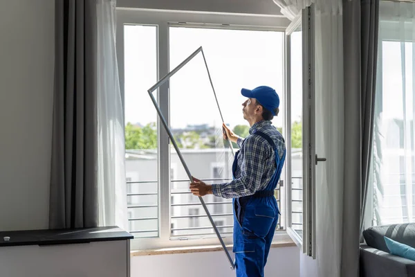 Mosquito Net Frame Install Service Worker Home — Stock Photo, Image