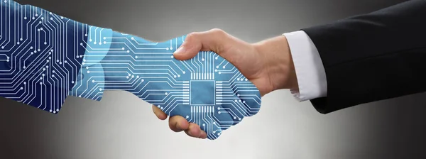 Digital Generated Human Hand Businessman Shaking Hands Gavel Grey Background — Stock Photo, Image