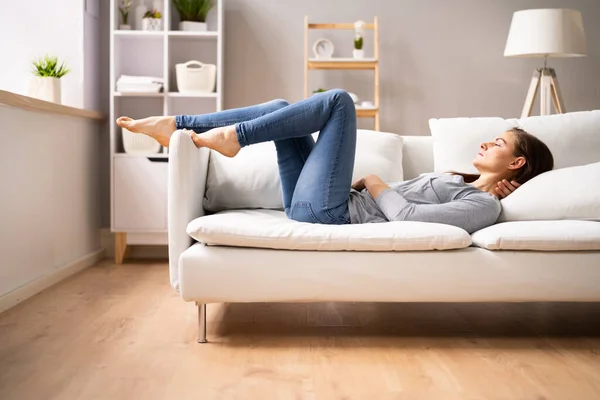 Low Section View Woman Relaxing Sofa — Stok Foto