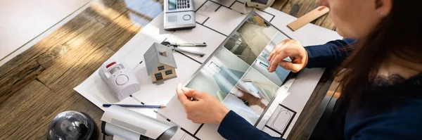 Persona Che Guarda Filmati Tablet Digitale Con Apparecchiature Sicurezza Progetto — Foto Stock