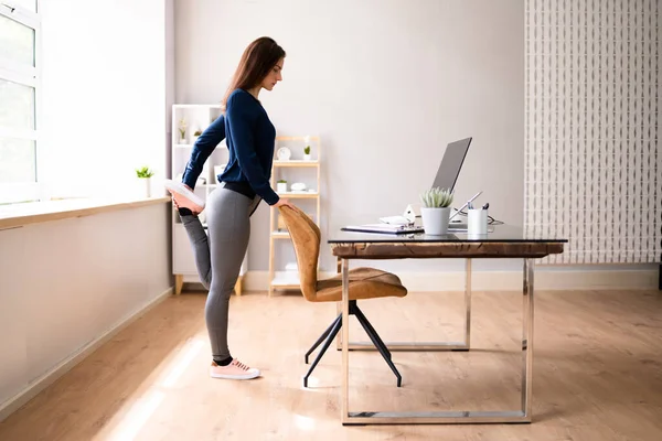 Young Businesswoman Looking Invoice Computer Doing Yoga — Stock Photo, Image