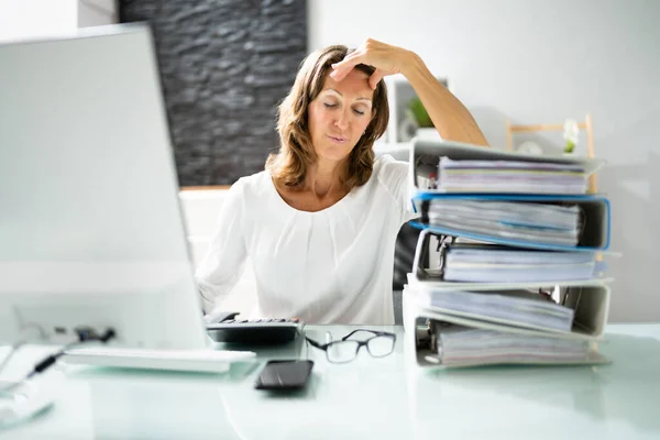 Stressful Afro Businesswoman Sitting Office Stacked Files — Stock Photo, Image