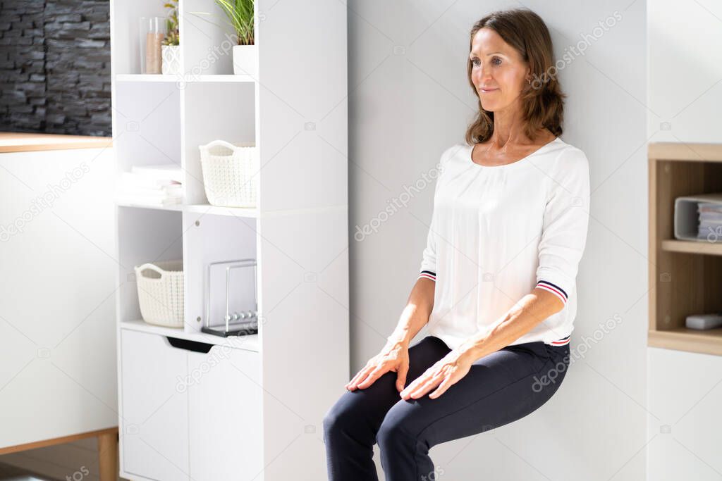 Young Businesswoman Leaning On Wall Doing Workout At Workplace