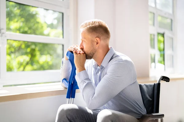 Disabled Man Difficulties Big Accident Depression Crutches Wheelchair — Stockfoto