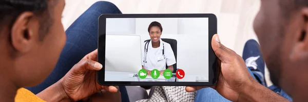 Close African Couple Video Conferencing Happy Female Doctor Digital Tablet — Stock Photo, Image