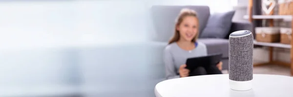 Close-up Of A Wireless Speaker On Furniture With Girl In Background