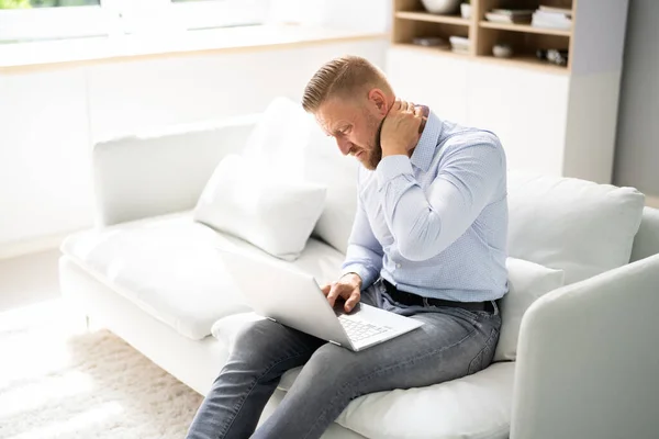 Neck Pain Bad Posture Man Sitting Home — Fotografia de Stock