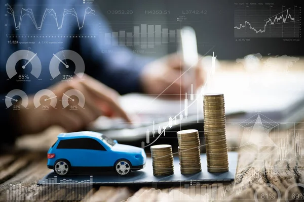 Blue Toy Car Front Businessman Calculating Loan — Stock Photo, Image