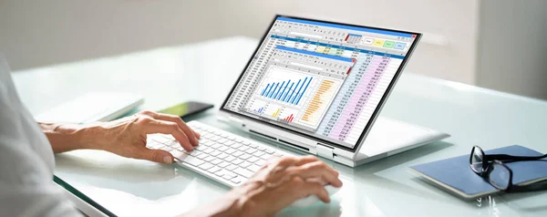 Analista Planilha Eletrônica Auditor Usando Software Laptop Híbrido — Fotografia de Stock