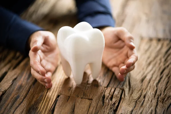 Människans Hand Skyddar Hälsosam Hygienisk Vit Tand Reflekterande Bord — Stockfoto