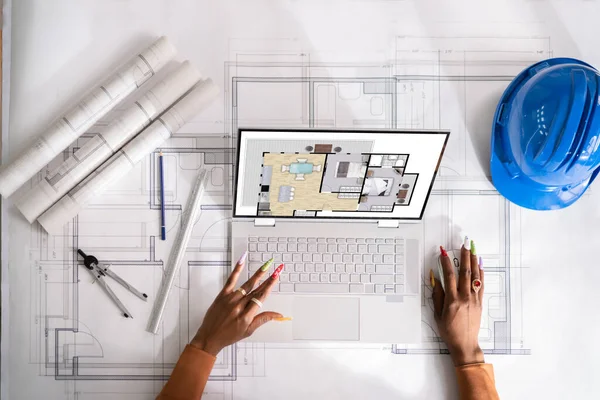 Female Architect Looking Designs House Laptop Office — Stock Photo, Image