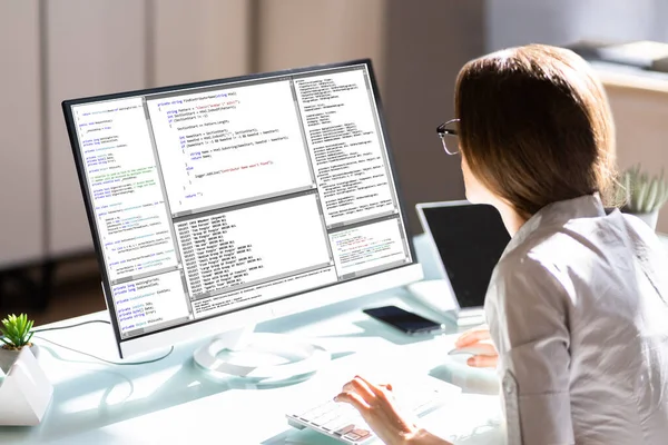 Female Programmer Working Computer Screen Office — Stockfoto
