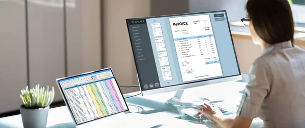 Digital Electronic Bill And Accountant E Invoice On Desktop Computer