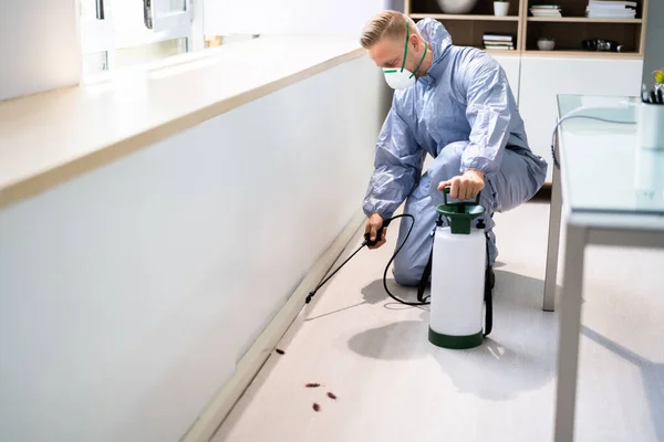 Pest Control Exterminator Man Spraying Termite Pesticide Office — Stock Photo, Image