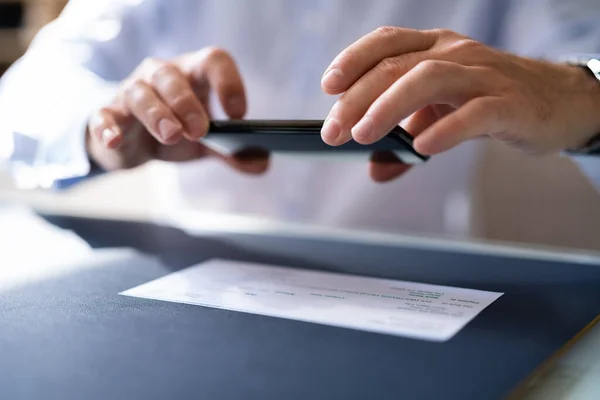 Remote Check Deposit Taking Photo Mobile Phone — Stock Photo, Image