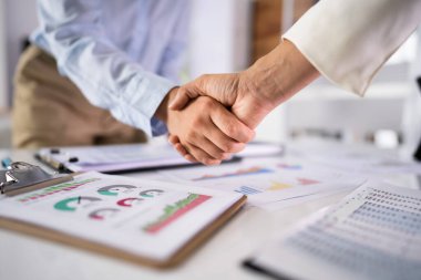 Business Meeting Handshake. Strategy Analysis Discussion In Office
