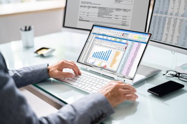 Elektronik Hesap Tablosu Analisti ya da Denetleyici Hibrit Laptop 'ta Yazılım Kullanıyor