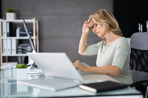 Unhappy Sad Business Woman Stress Headache Using Computer — Stock fotografie