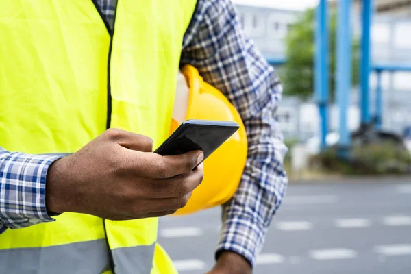 Trabajador Construcción Smartphone Call Contratista Constructor Teléfono —  Fotos de Stock