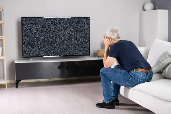 Sad Woman Remote Sitting Sofa Television Signal — Foto Stock