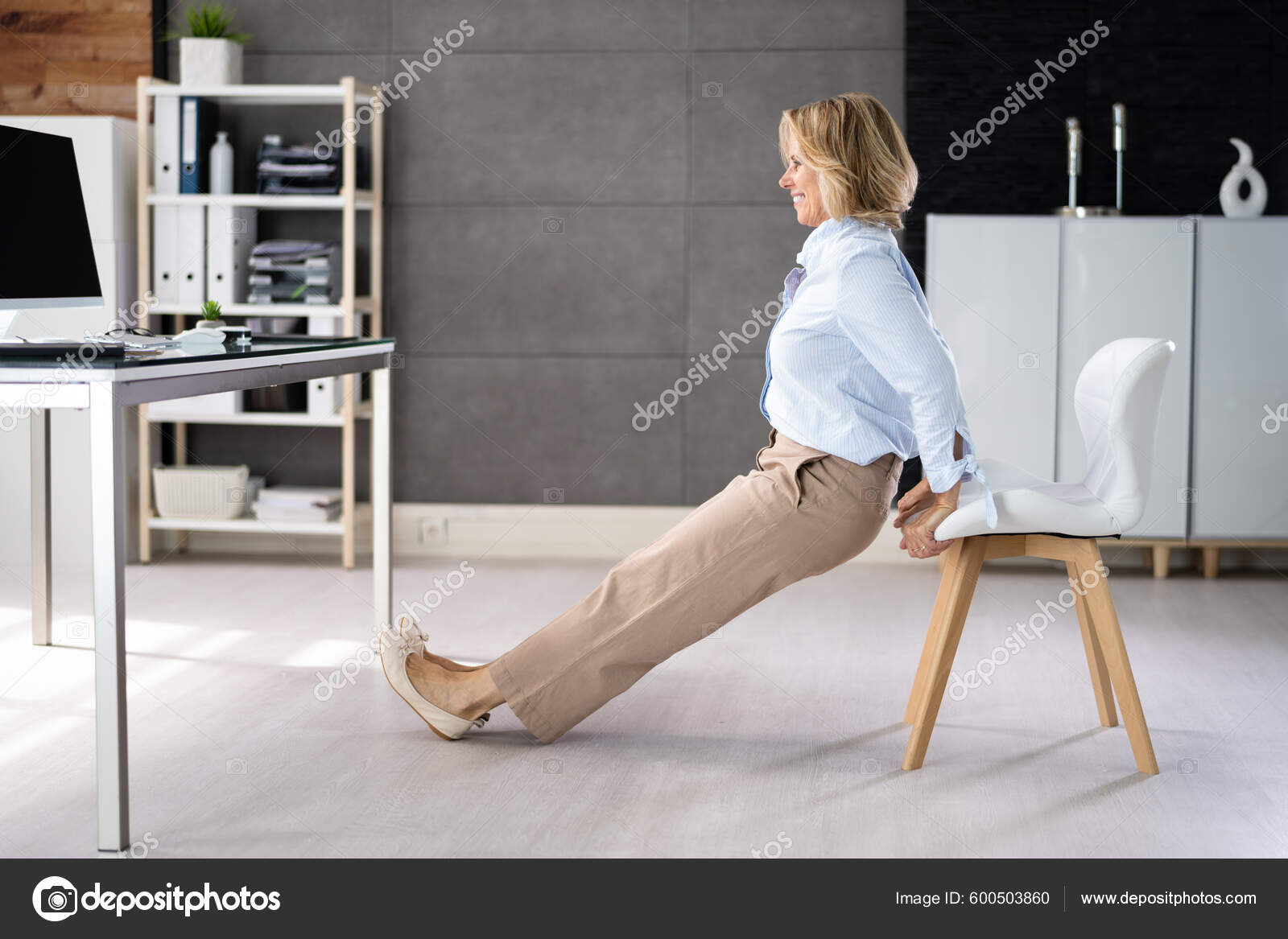 Chair Triceps Dip Office Workout Exercise Desk Stock Photo by