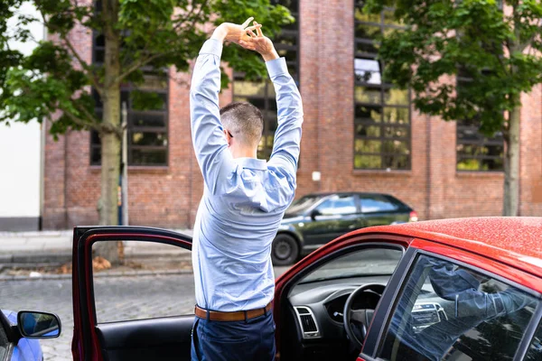 Car Driver Doing Stretch Exercise Break Relaxing Workout — Stock Photo, Image