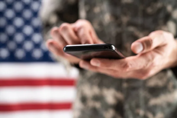 Soldier Holding Mobile Phone Military War Espionage — Stockfoto