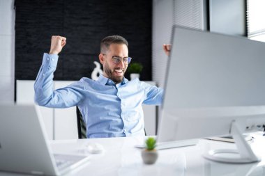 Successful Trader Trader. Excited Businessman Working With Joy