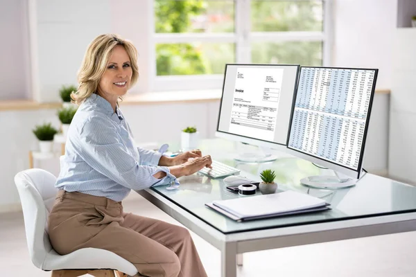 Woman Analyzing Digital E Invoice Using Online Software