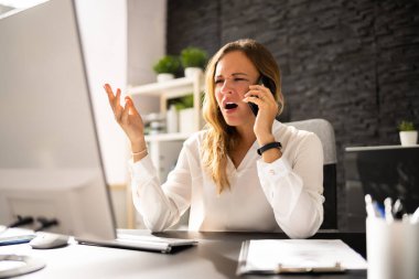 Unhappy Woman Customer Speaking With Service Company