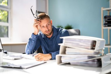 Bored Workaholic Accountant Businessman At Office Desk