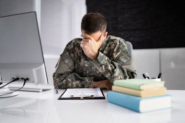 Sad Frustrated Military Veteran Student Doing Test In College