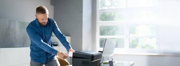 Businessman Bend Remove Paper Stuck Printer Office — Stock Photo, Image