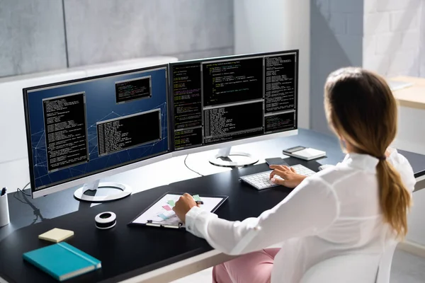 Woman Programmer. Girl Coding Software On Computer