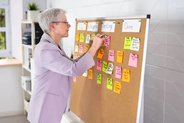 Woman Writing Kanban Plan Board Agile Schedule — Zdjęcie stockowe