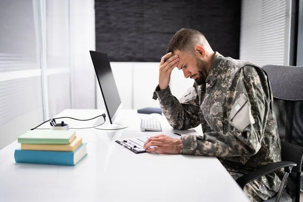 Sad Frustrated Military Veteran Student Doing Test College — 스톡 사진