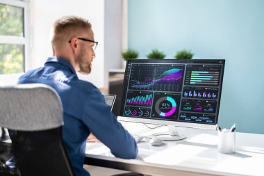 KPI İş Analitik Veri Kontrol Paneli. Analizci Bilgisayar Kullanıyor